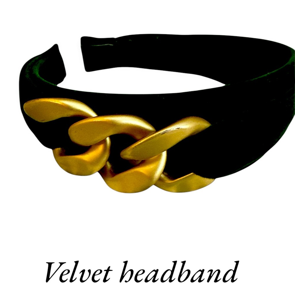 Forest green velvet headband w gold tone chain decor